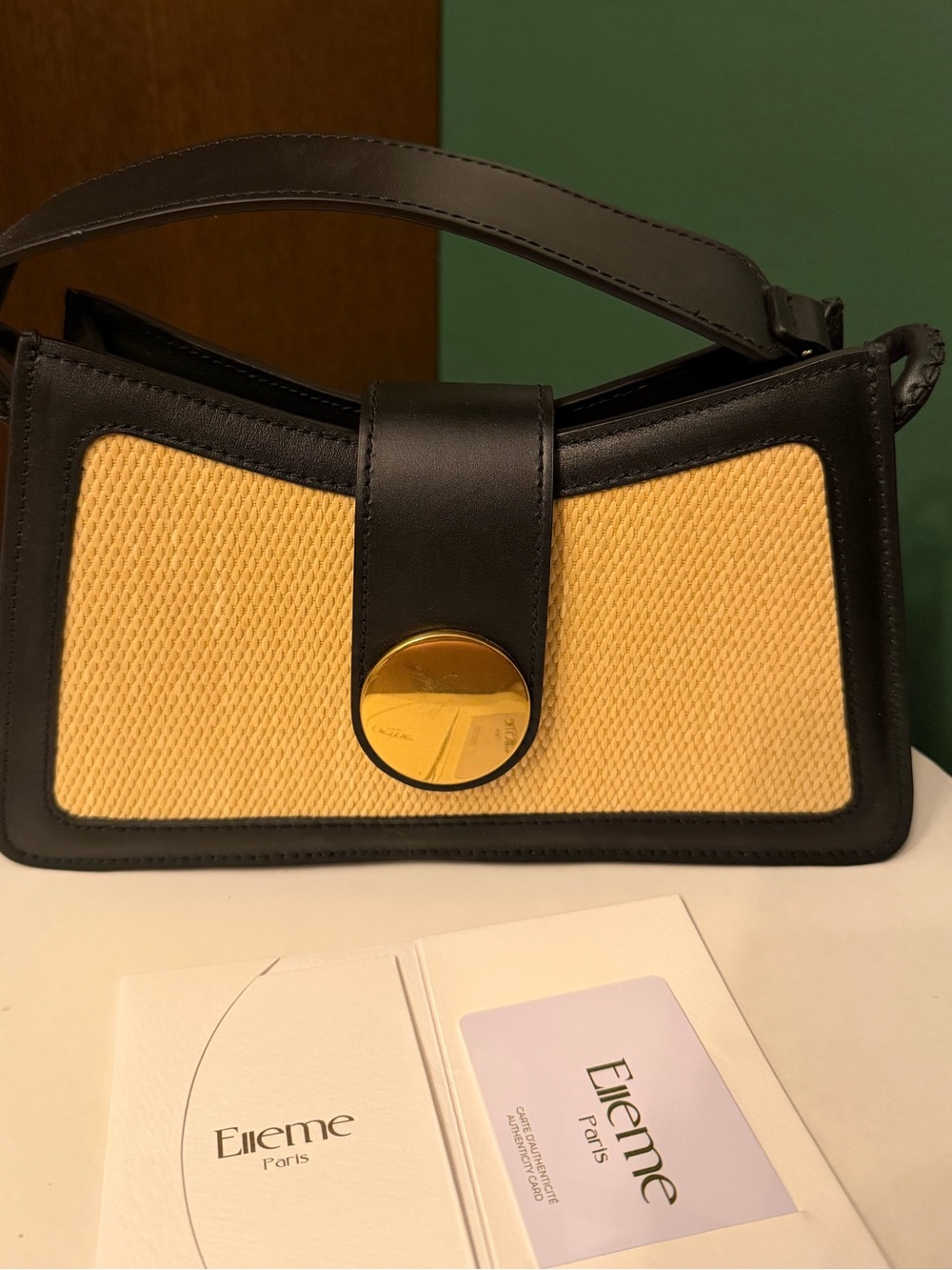 Elleme Black Leather Shoulder Bag with Yellow Raffia Panel
